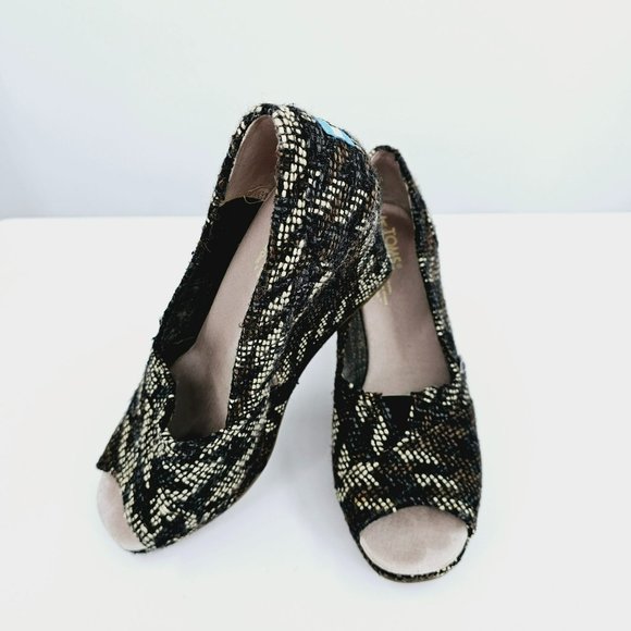 Toms Stella Tweed Peep Toe Wedges 6 Black Brown Cream Slip On Boucle Houndstooth - Picture 12 of 13